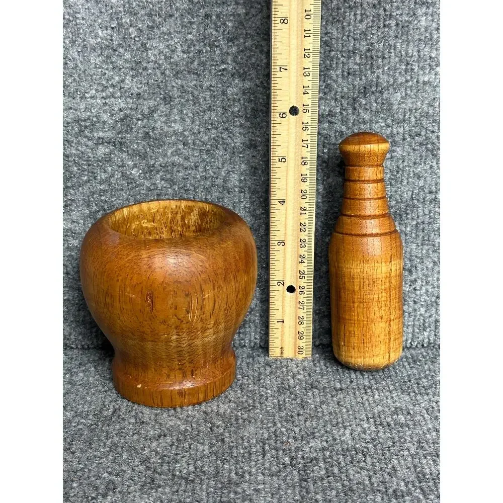 Vintage wooden mortar and pestle set herbs seasonings rustic boho vignette